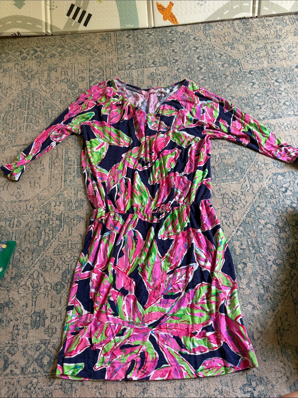 Lilly Pulitzer Navy Mini Dress with Pink & Green Leaf Print